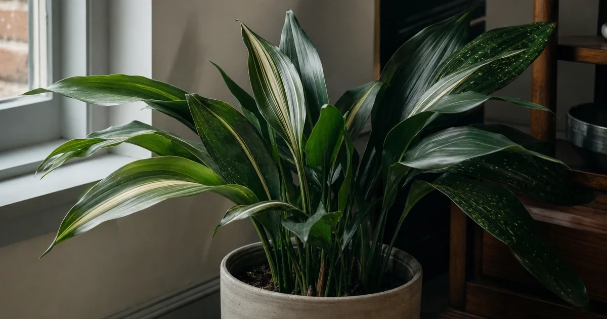 Aspidistra in a pot with broad dark green leaves in a shaded corner of a room