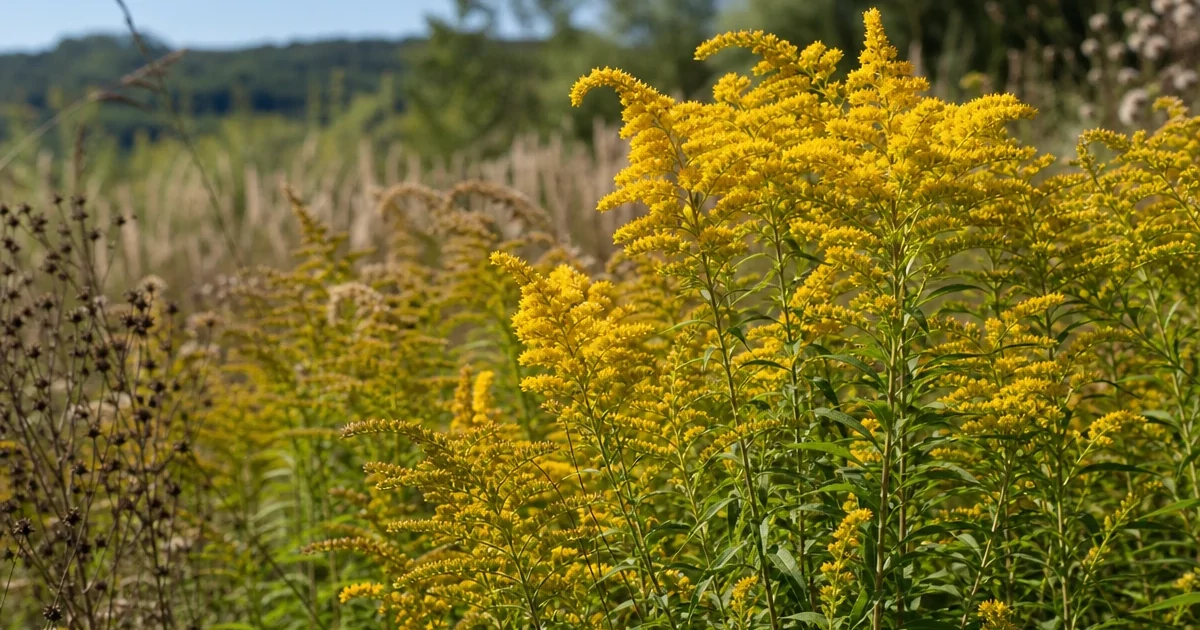 Close-up of blooming goldenrod with bright yellow plumes at a meadow or woodland edge.
