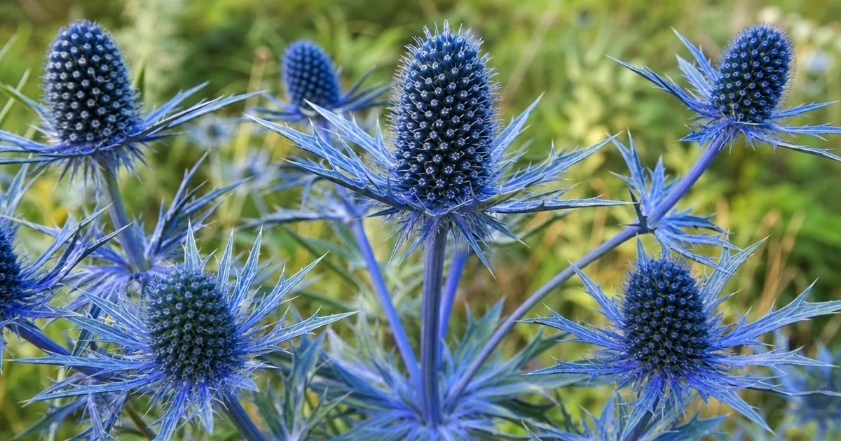 Close-up of blooming Eryngium with steel-blue flower heads and bracts against a meadow or garden background.