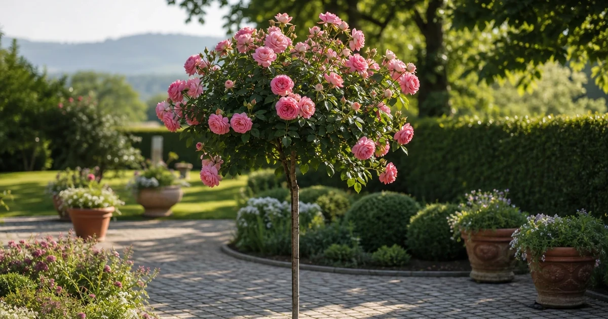 A standard tree rose with a rounded crown of flowers in a garden near a path.