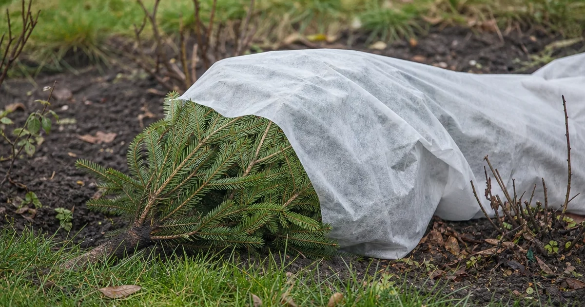 A standard rose bent to the ground and covered with conifer branches and fleece for winter protection.