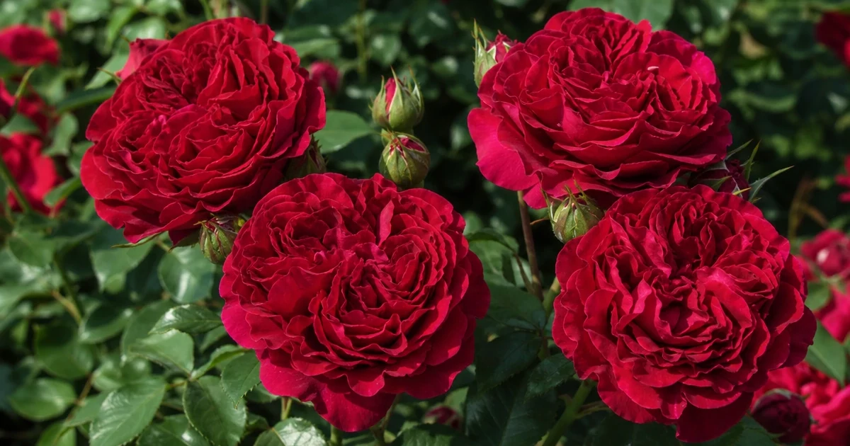 Close-up of El Toro roses with deep red ruffled petals and dark green foliage