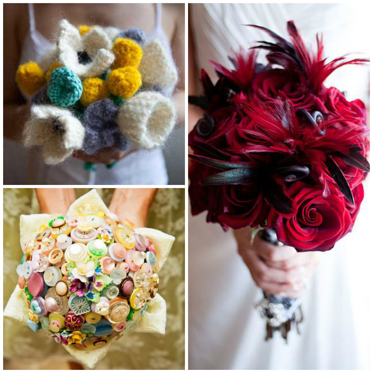 Bouquets with buttons, knitted flowers and plumage Bouquets with buttons, knitted flowers and plumage